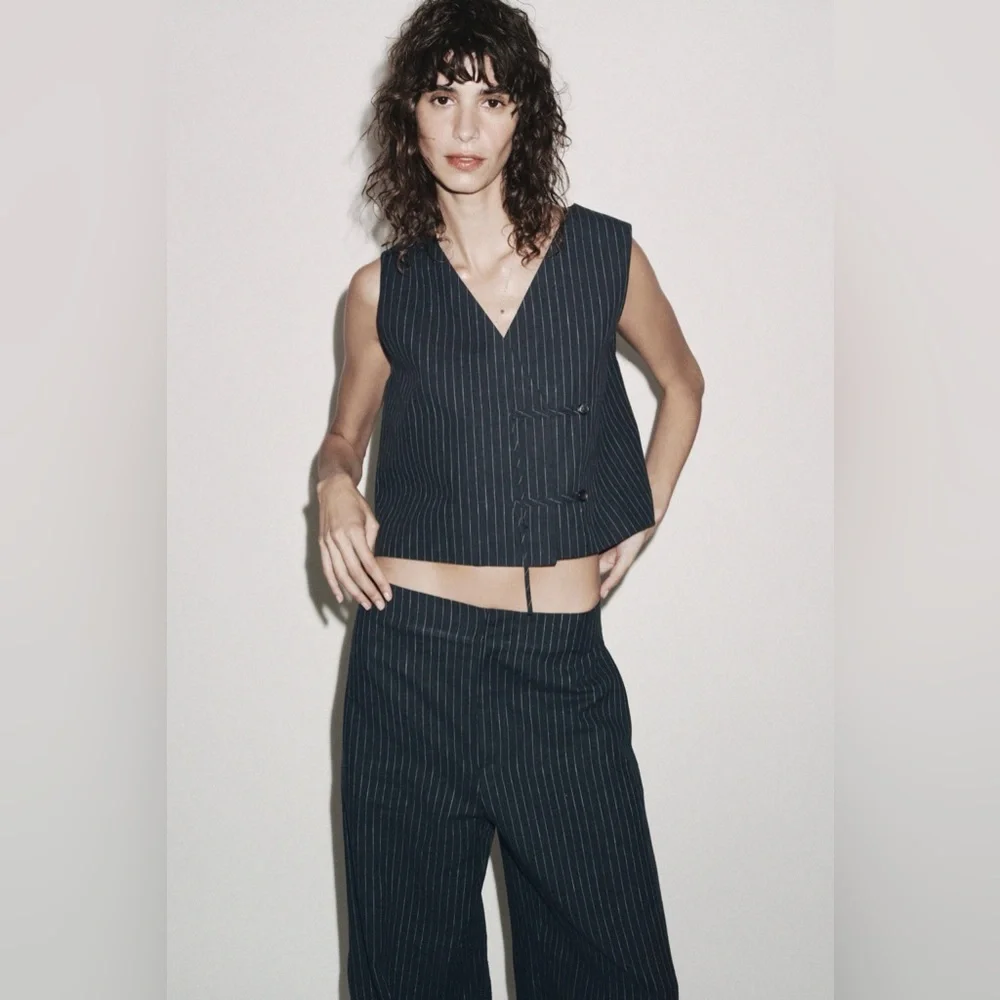 ZARA Balloon Navy Linen Blend Pinstripe Trouser NWT